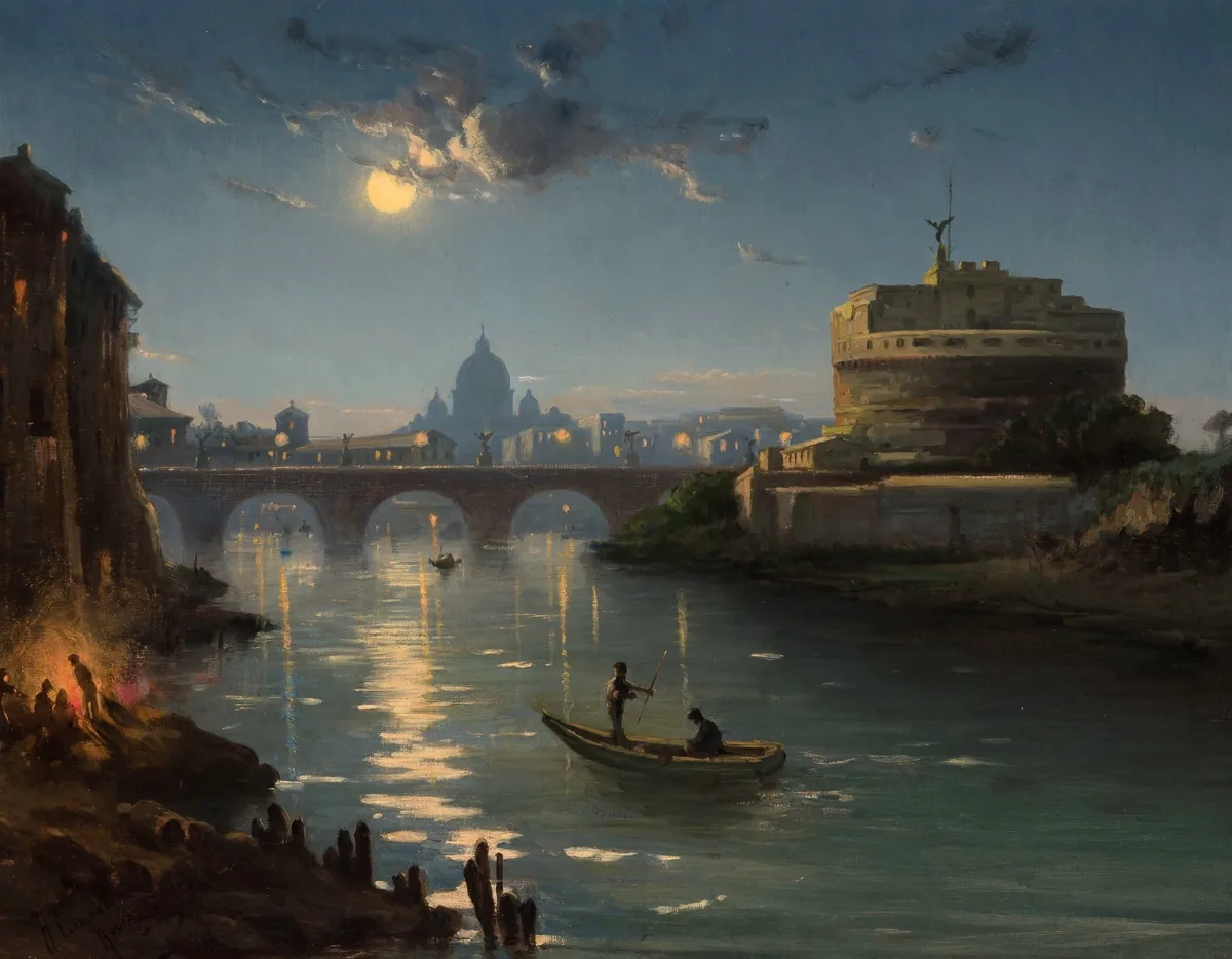 O Castelo de Santo Ângelo e a ponte sobre o Tibre ao luar, com a cúpula de São Pedro ao fundo, pintados por Henryk Cieszkowski.