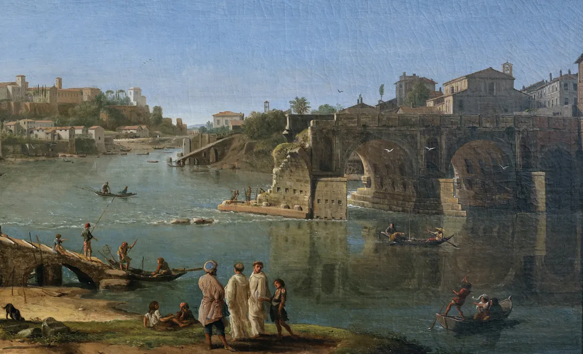 O Tibre e as ruínas do Ponte Rotto, vizinho da Ilha Tiberina, pintados por Gaspar van Wittel em 1684.