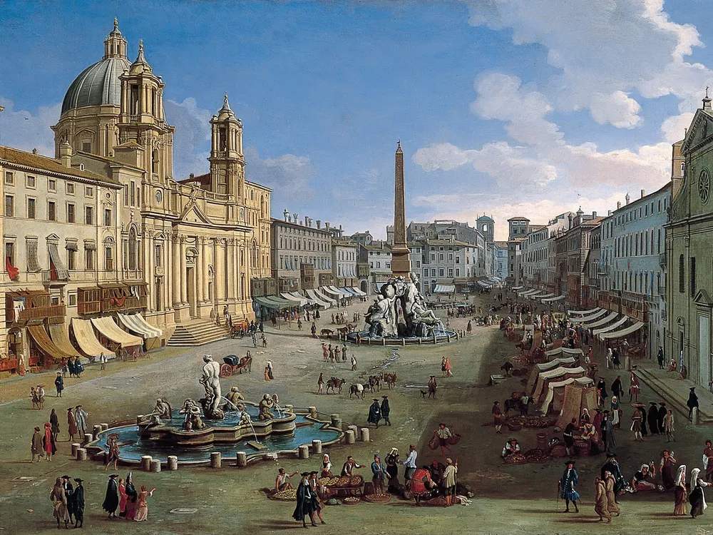 A Piazza Navona pintada por Caspar van Wittel, com a Fontana dei Quattro Fiumi, de Bernini, no centro.