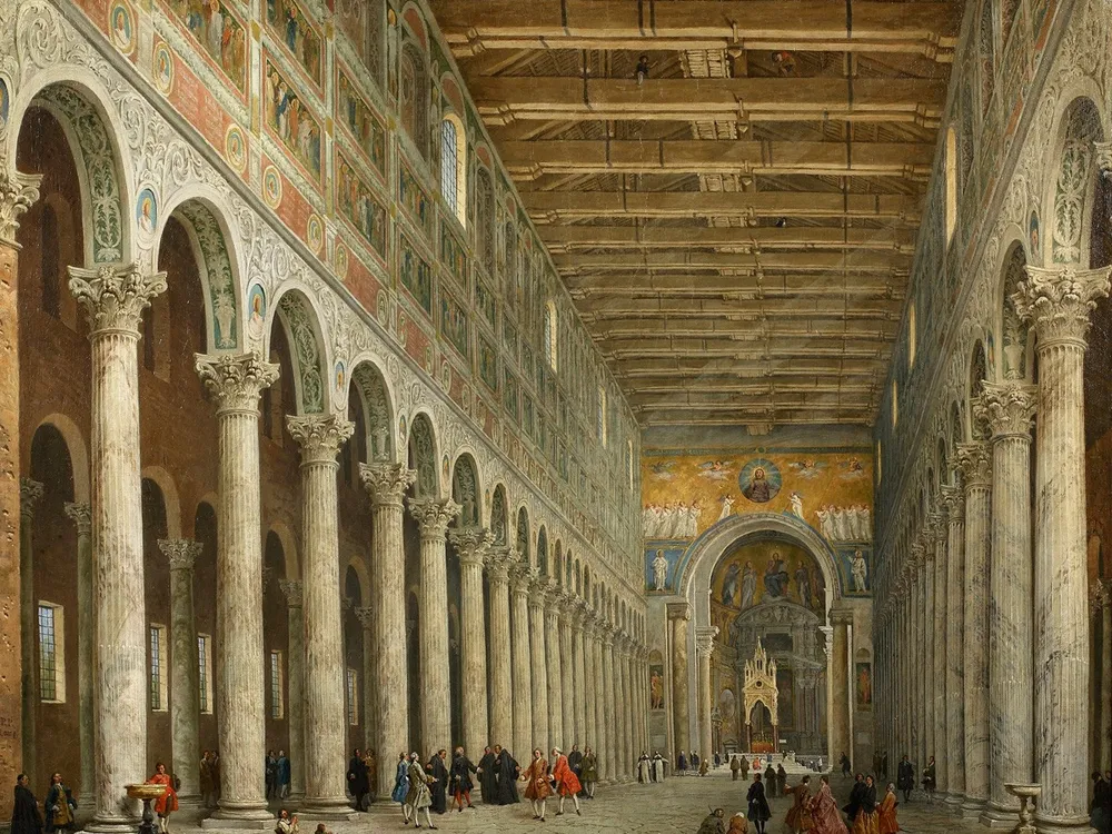 O interior da Basílica de São Paulo Extramuros pintado por Giovanni Paolo Pannini.