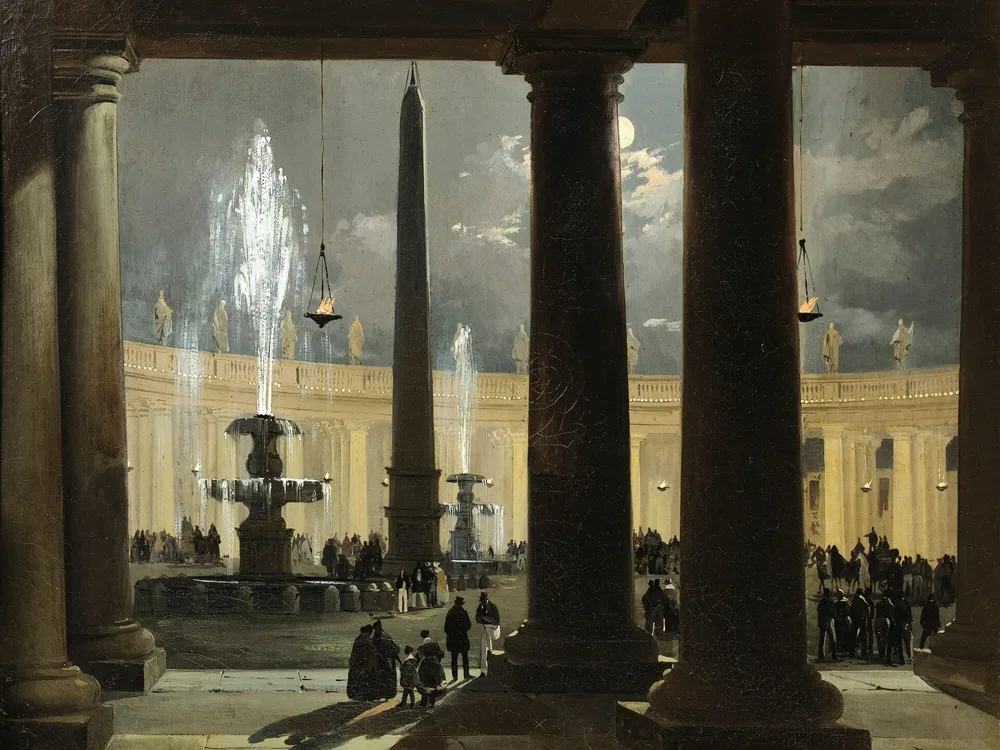 A Praça de São Pedro ao luar, com a colunata iluminada, pintada por Ippolito Caffi.