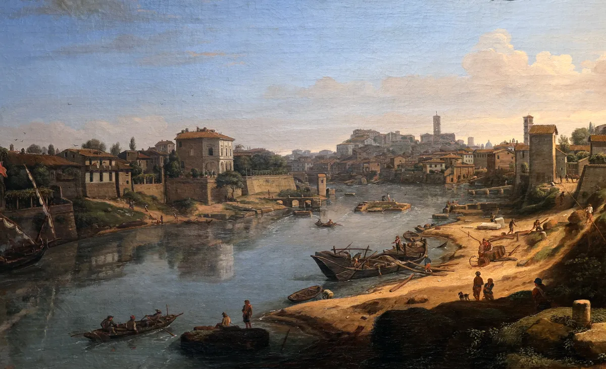 O Tibre e o antigo porto do Trastevere, pintados por Gaspar van Wittel por volta de 1684.