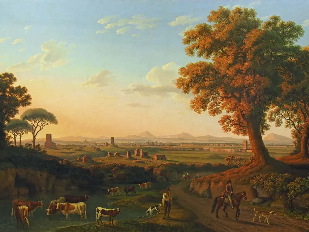 Roma vista da Via Appia, pintada por Jakob Philipp Hackert em 1796.