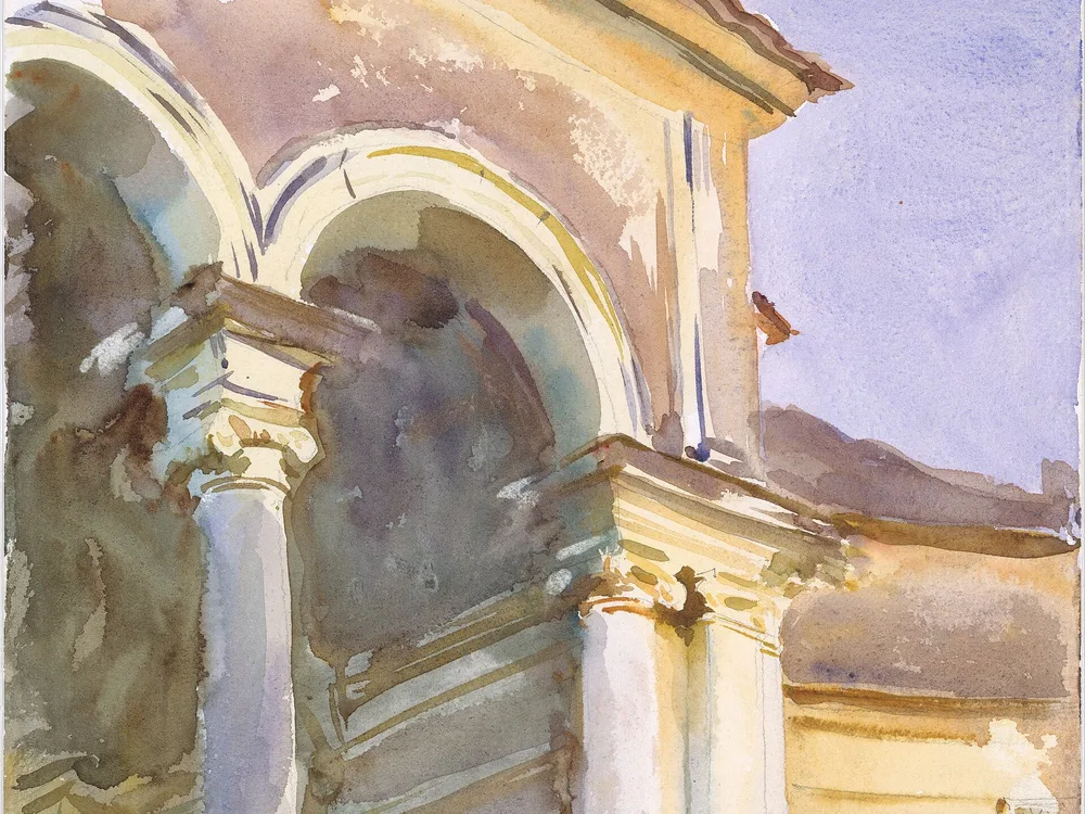 A loggia de Villa Giulia pintada em aquarela por John Singer Sargent.